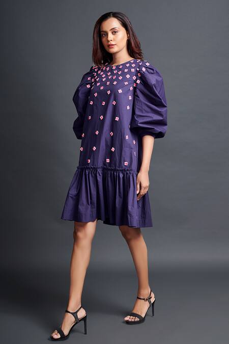 Shop_Deepika Arora_Purple Cotton Applique Boat Neck Work Dress_Online_at_Aza_Fashions