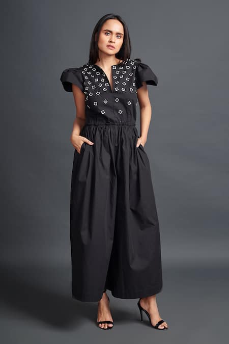 Deepika Arora Black 100% Cotton Embroidery Geometric Applique Notched Jumpsuit 