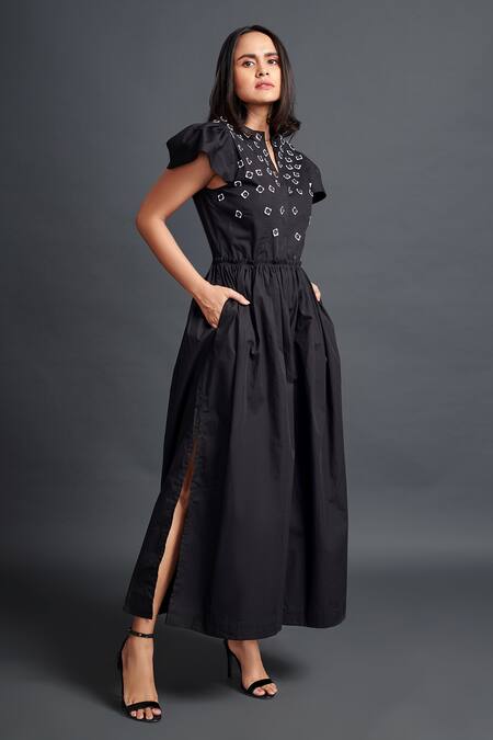 Buy_Deepika Arora_Black Cotton Embroidery Split V-neck Applique Jumpsuit_Online_at_Aza_Fashions