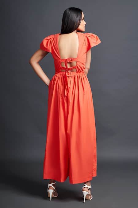 Shop Deepika Arora Orange Cotton Embroidery Split V-neck Yoke Jumpsuit at Aza Fashions Shop_Deepika Arora_Orange Cotton Embroidery Split V-neck Yoke Jumpsuit_at_Aza_Fashions