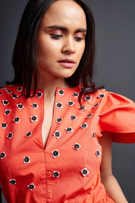 Deepika Arora Orange Cotton Embroidery Split V-neck Yoke Jumpsuit Online at Aza Fashions Deepika Arora_Orange Cotton Embroidery Split V-neck Yoke Jumpsuit_Online_at_Aza_Fashions
