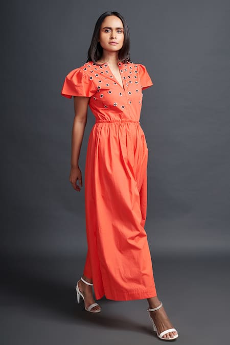 Buy Deepika Arora Orange Cotton Embroidery Split V-neck Yoke Jumpsuit Online at Aza Fashions Buy_Deepika Arora_Orange Cotton Embroidery Split V-neck Yoke Jumpsuit_Online_at_Aza_Fashions