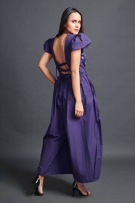 Shop Deepika Arora Purple Cotton Cutwork Embroidered Jumpsuit at Aza Fashions Shop_Deepika Arora_Purple Cotton Cutwork Embroidered Jumpsuit_at_Aza_Fashions
