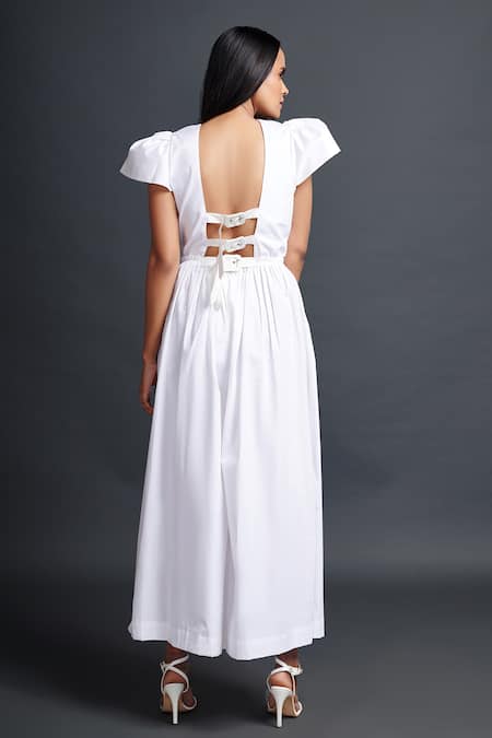 Shop Deepika Arora White Cotton Applique Split V-neck Geometric Embroidered Jumpsuit at Aza Fashions Shop_Deepika Arora_White Cotton Applique Split V-neck Geometric Embroidered Jumpsuit_at_Aza_Fashions