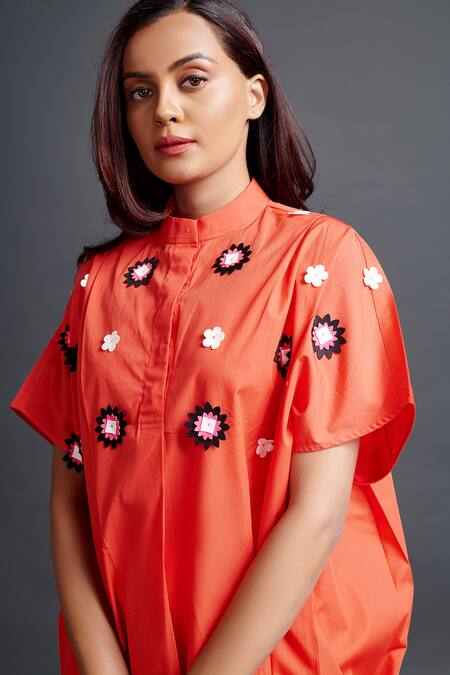 Deepika Arora Orange Cotton Applique Bandeau Neck Embroidered Shirt And Pant Set Online at Aza Fashions Deepika Arora_Orange Cotton Applique Bandeau Neck Embroidered Shirt And Pant Set_Online_at_Aza_Fashions