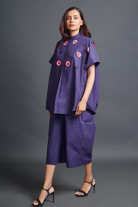 Buy_Deepika Arora_Purple Cotton Applique Bandeau Neck Embroidered Shirt And Pant Set_Online_at_Aza_Fashions