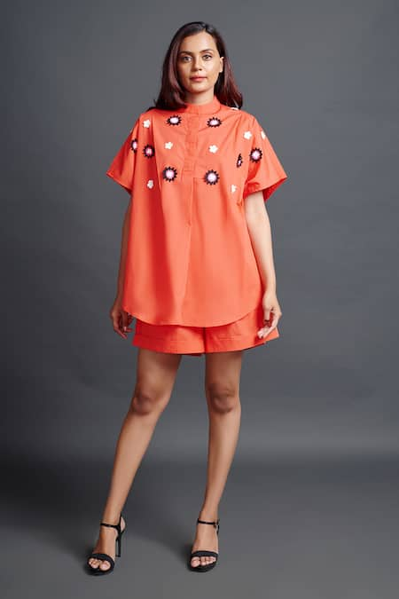 Deepika Arora Orange 100% Cotton Embroidery Geometric Applique Band Collar Shirt And Shorts Set 