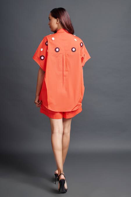 Shop_Deepika Arora_Orange Cotton Embroidery Bandeau Neck Geometric Applique Shirt And Shorts Set_at_Aza_Fashions