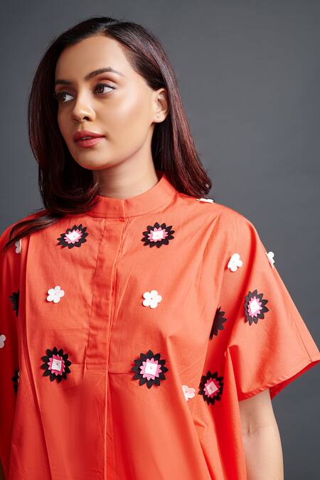 Deepika Arora_Orange Cotton Embroidery Bandeau Neck Geometric Applique Shirt And Shorts Set_Online_at_Aza_Fashions