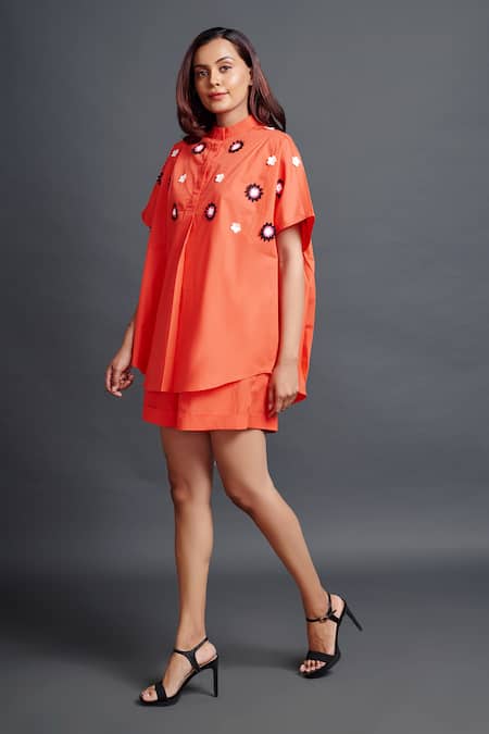 Buy_Deepika Arora_Orange Cotton Embroidery Bandeau Neck Geometric Applique Shirt And Shorts Set_Online_at_Aza_Fashions