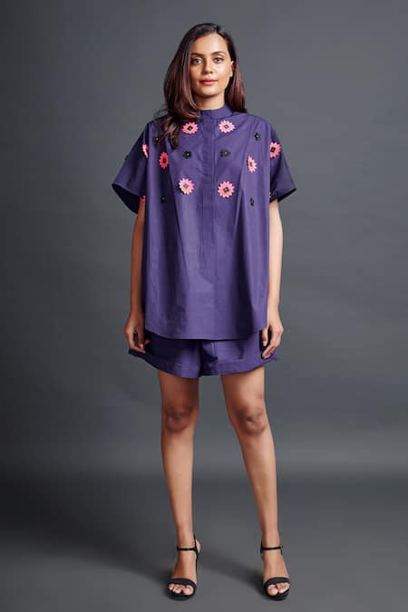 Deepika Arora Purple 100% Cotton Embroidery Geometric Applique Band Collar Shirt And Shorts Set 