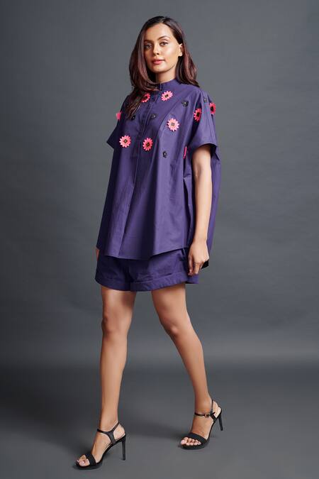Deepika Arora_Purple Cotton Embroidery Bandeau Neck Geometric Shirt And Shorts Set_Online_at_Aza_Fashions