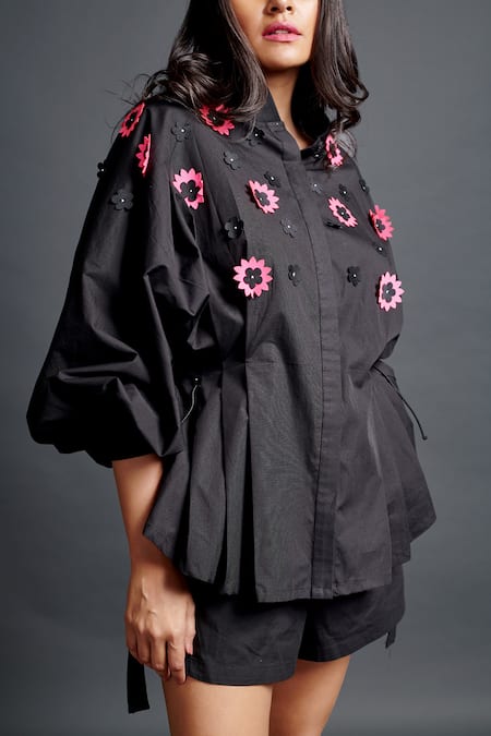 Deepika Arora_Black Cotton Applique Mandarin Collar Confetti Embroidered Shirt And Shorts Set_Online_at_Aza_Fashions