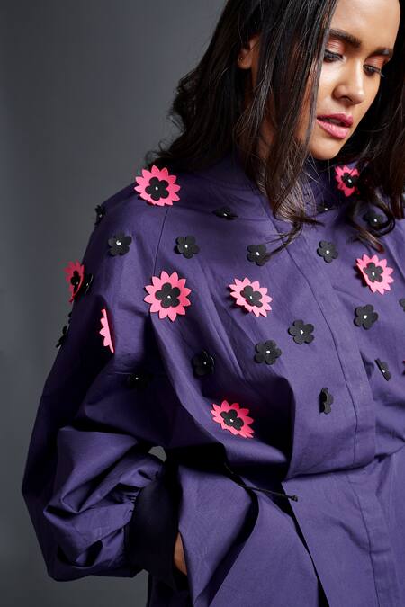 Deepika Arora_Purple Cotton Applique Mandarin Collar Confetti Embroidered Shirt And Shorts Set_Online_at_Aza_Fashions