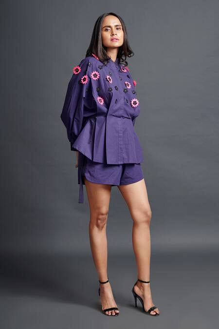 Buy_Deepika Arora_Purple Cotton Applique Mandarin Collar Confetti Embroidered Shirt And Shorts Set_Online_at_Aza_Fashions