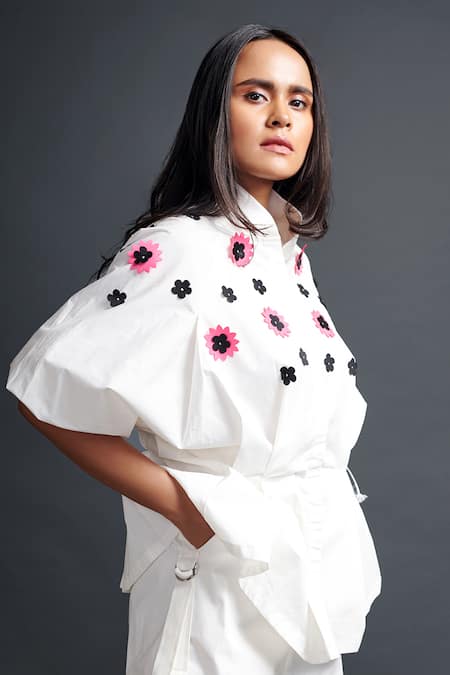 Shop Deepika Arora White Cotton Applique Mandarin Collar Pleated Shirt And Shorts Set Online at Aza Fashions Shop_Deepika Arora_White Cotton Applique Mandarin Collar Pleated Shirt And Shorts Set_Online_at_Aza_Fashions