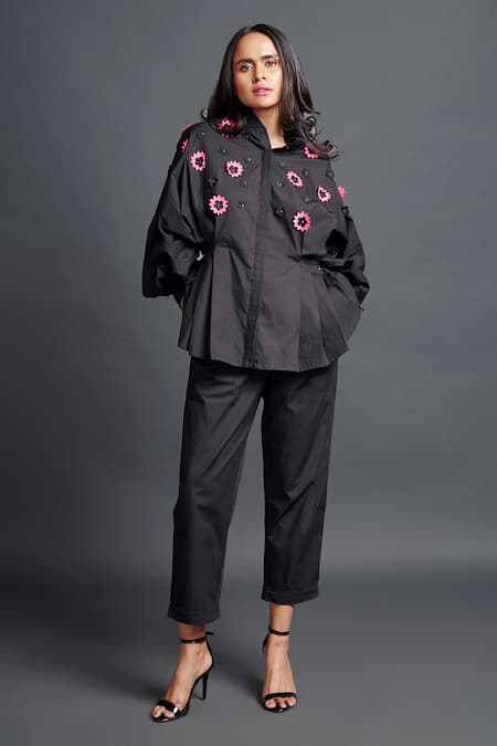 Deepika Arora Black 100% Cotton Embroidery Confetti Applique Mandarin Pleated Shirt And Pant Set 