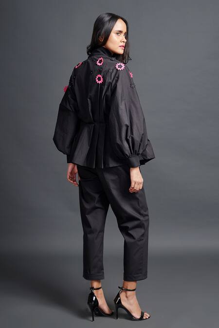 Shop Deepika Arora Black Cotton Applique Mandarin Collar Pleated Shirt And Pant Set at Aza Fashions Shop_Deepika Arora_Black Cotton Applique Mandarin Collar Pleated Shirt And Pant Set_at_Aza_Fashions