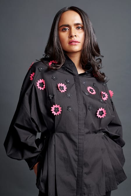 Deepika Arora Black Cotton Applique Mandarin Collar Pleated Shirt And Pant Set Online at Aza Fashions Deepika Arora_Black Cotton Applique Mandarin Collar Pleated Shirt And Pant Set_Online_at_Aza_Fashions