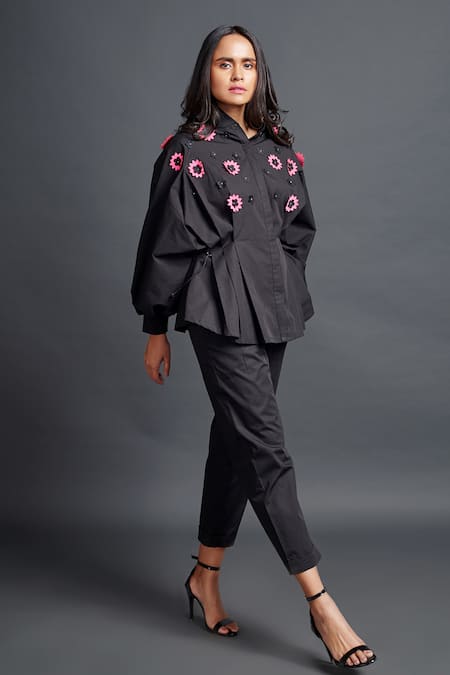 Buy Deepika Arora Black Cotton Applique Mandarin Collar Pleated Shirt And Pant Set Online at Aza Fashions Buy_Deepika Arora_Black Cotton Applique Mandarin Collar Pleated Shirt And Pant Set_Online_at_Aza_Fashions
