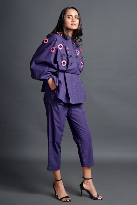 Deepika Arora_Purple Cotton Applique Mandarin Collar Confetti Embroidered Shirt And Pant Set_Online_at_Aza_Fashions