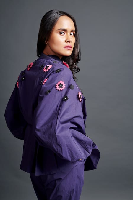 Buy_Deepika Arora_Purple Cotton Applique Mandarin Collar Confetti Embroidered Shirt And Pant Set_Online_at_Aza_Fashions