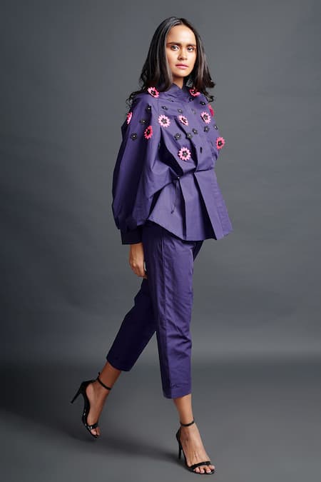 Shop_Deepika Arora_Purple Cotton Applique Mandarin Collar Confetti Embroidered Shirt And Pant Set_Online_at_Aza_Fashions