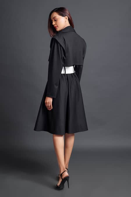 Buy Black Polyester Collared Jacket Dress With Sash Belt For