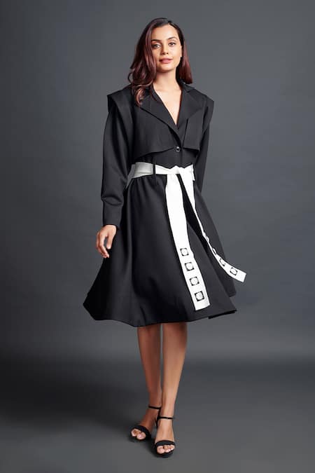 Deepika Arora_Black Polyester Collared Jacket Dress With Sash Belt_Online_at_Aza_Fashions