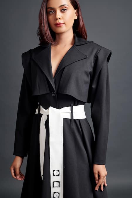 Buy_Deepika Arora_Black Polyester Collared Jacket Dress With Sash Belt_Online_at_Aza_Fashions