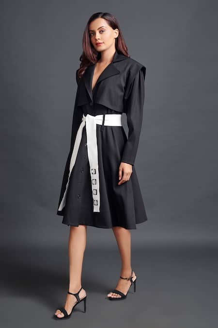 Shop_Deepika Arora_Black Polyester Collared Jacket Dress With Sash Belt_Online_at_Aza_Fashions