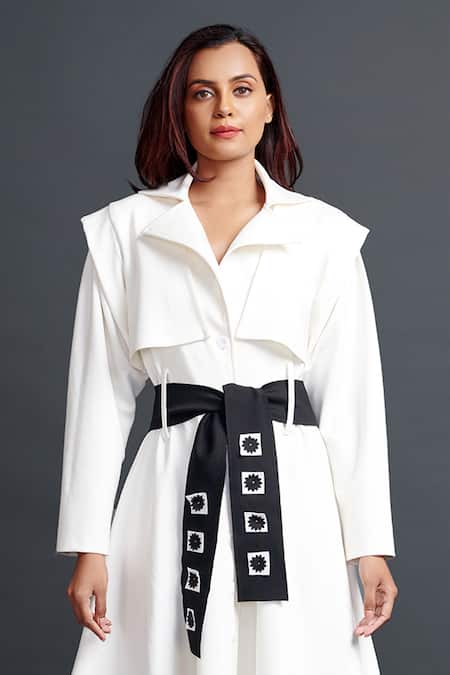 Deepika Arora_White Polyester Rhinestones Collared Full Sleeve Jacket Dress With Sash Belt_Online_at_Aza_Fashions