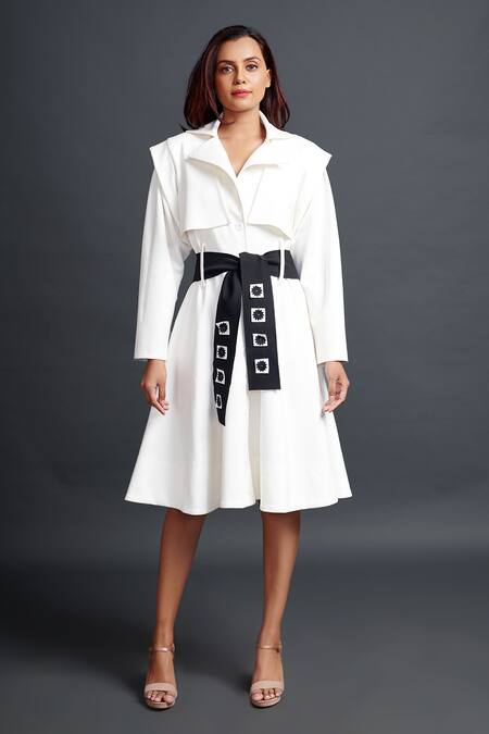Buy_Deepika Arora_White Polyester Rhinestones Collared Full Sleeve Jacket Dress With Sash Belt_Online_at_Aza_Fashions
