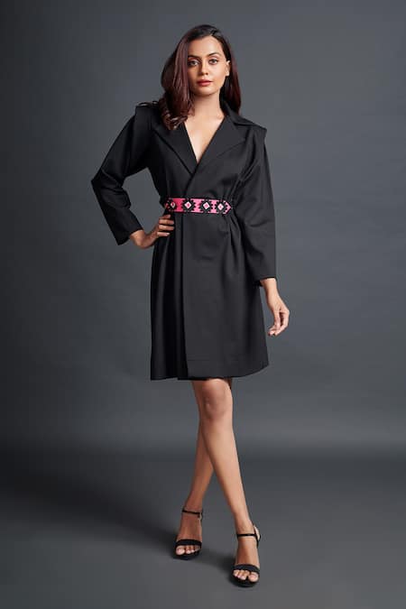 Deepika Arora Black Ponte Roma Plain Notched Lapel Jacket Dress With Flower Embroidered Belt 