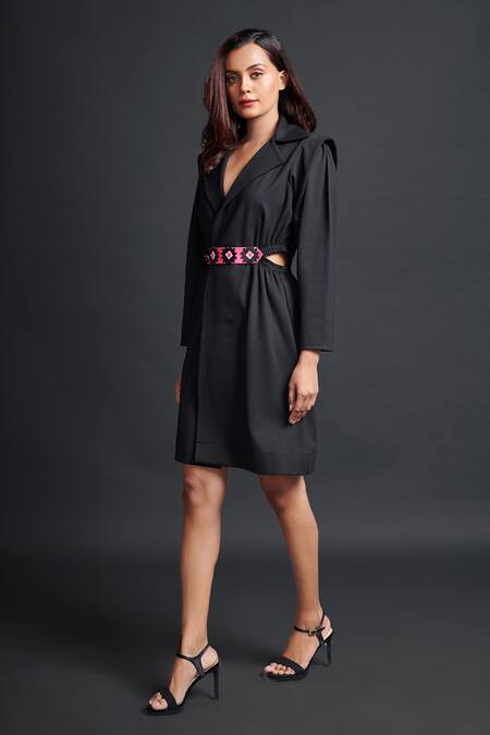 Buy_Deepika Arora_Black Applique Collared Jacket Dress With Flower Embroidered Belt_Online_at_Aza_Fashions