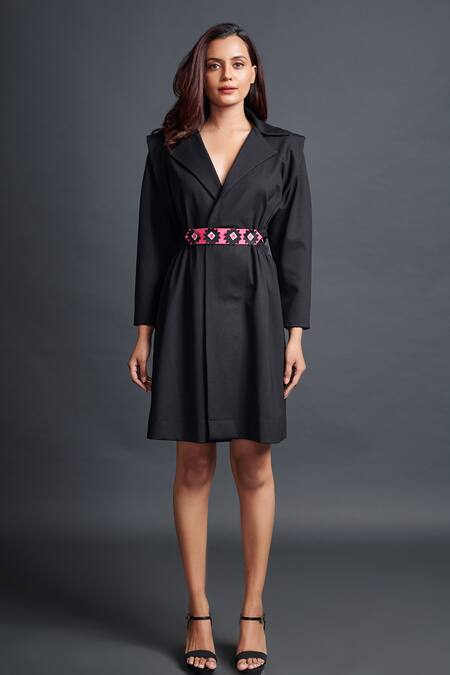 Shop_Deepika Arora_Black Applique Collared Jacket Dress With Flower Embroidered Belt_Online_at_Aza_Fashions