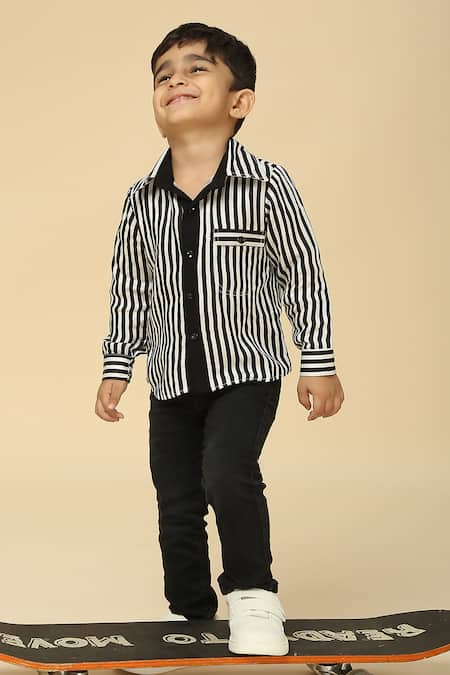 Neha Gursahani Black Satin, Linen Stripe Pattern Shirt