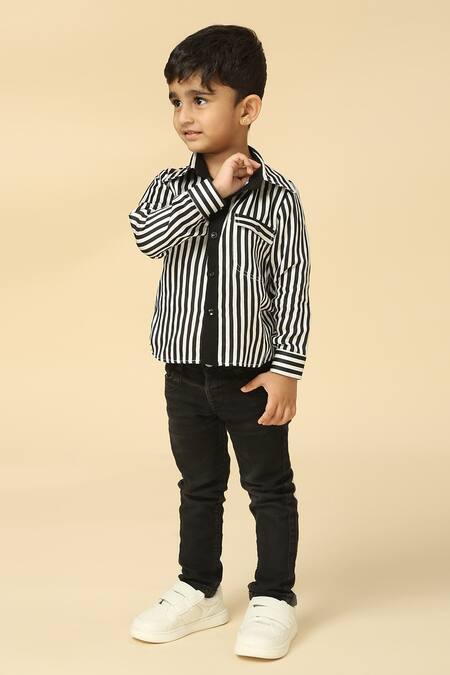 Neha Gursahani_Black Satin, Linen Stripe Pattern Shirt_Online_at_Aza_Fashions