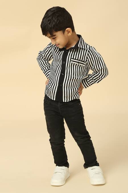 Buy_Neha Gursahani_Black Satin, Linen Stripe Pattern Shirt_Online_at_Aza_Fashions