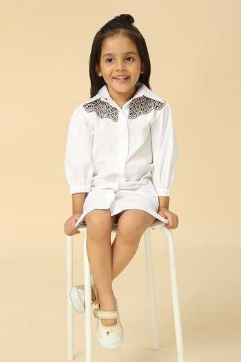 Shop_Neha Gursahani_White Poplin Geometric Cut-work Yoke Dress _Online_at_Aza_Fashions