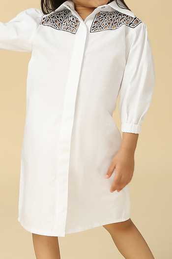 Neha Gursahani_White Poplin Geometric Cut-work Yoke Dress _at_Aza_Fashions