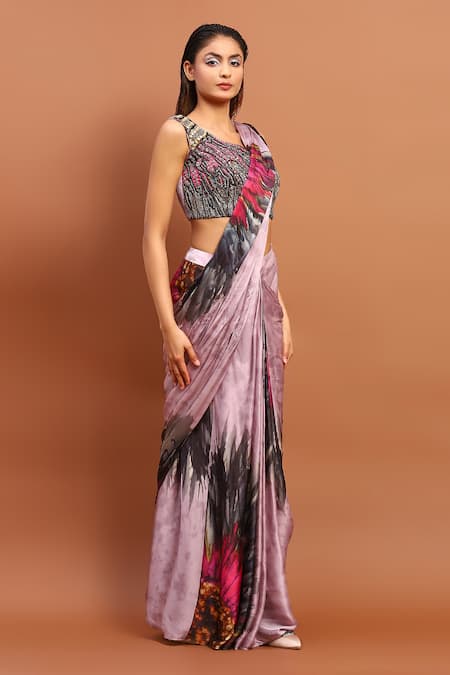 Soniya G_Magenta Satin Beads, Tassels One Shoulder Printed Pre-draped Saree And Blouse Set_Online_at_Aza_Fashions