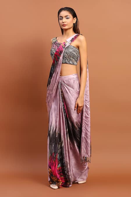 Buy_Soniya G_Magenta Satin Beads, Tassels One Shoulder Printed Pre-draped Saree And Blouse Set_Online_at_Aza_Fashions