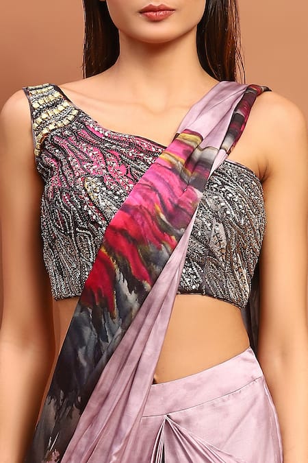 Shop_Soniya G_Magenta Satin Beads, Tassels One Shoulder Printed Pre-draped Saree And Blouse Set_Online_at_Aza_Fashions