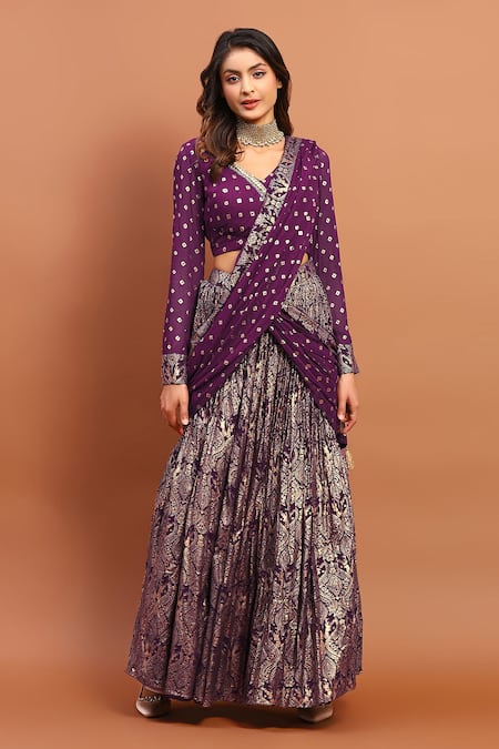 Buy Fuschia Bandhanni Pallu Lehenga Saree by Designer NIDHI THOLIA Online  at Ogaan.com