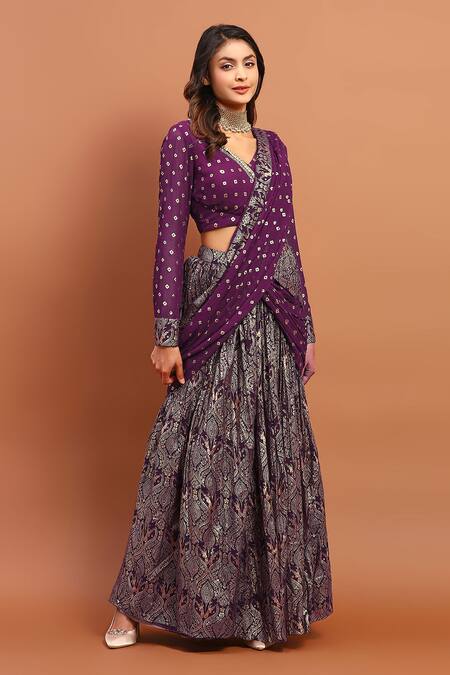 Soniya G_Purple Georgette Beads, Sequins V-neck Printed Lehenga Saree And Blouse Set _Online_at_Aza_Fashions
