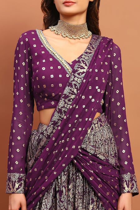 Shop_Soniya G_Purple Georgette Beads, Sequins V-neck Printed Lehenga Saree And Blouse Set _Online_at_Aza_Fashions