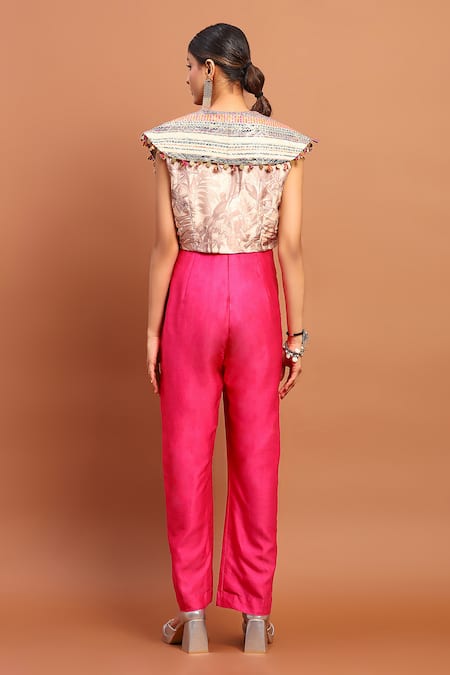Shop Soniya G Magenta Chanderi Sequins V-neck V Jumpsuit at Aza Fashions Shop_Soniya G_Magenta Chanderi Sequins V-neck V Jumpsuit _at_Aza_Fashions