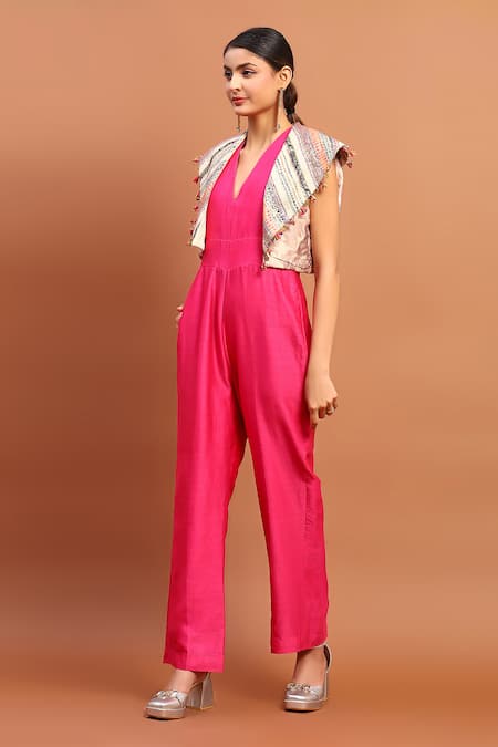 Buy Soniya G Magenta Chanderi Sequins V-neck V Jumpsuit Online at Aza Fashions Buy_Soniya G_Magenta Chanderi Sequins V-neck V Jumpsuit _Online_at_Aza_Fashions