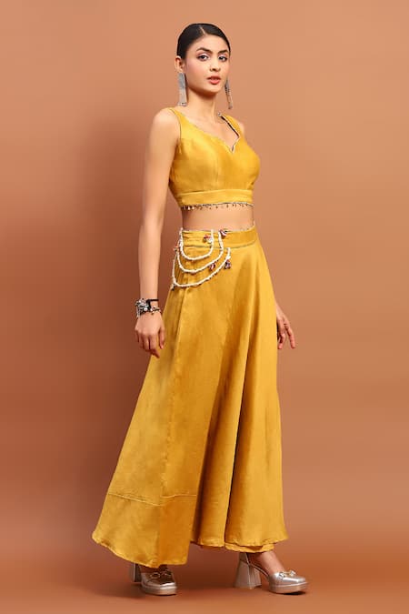 Soniya G_Yellow Chanderi Tassels Side Slit Skirt And Blouse Set For Kids_Online_at_Aza_Fashions
